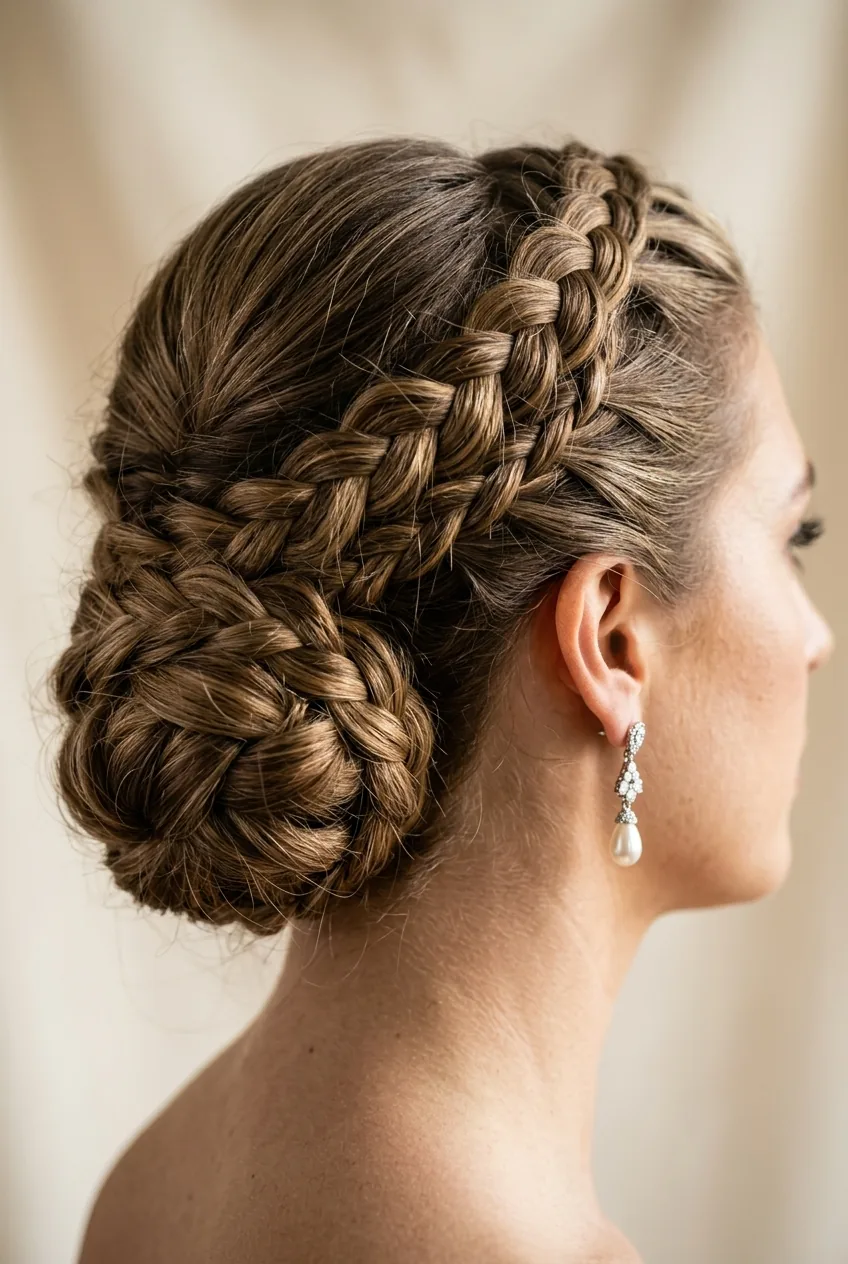 Side detail of intricate braided bridal updo highlighting weaving technique and hair texture