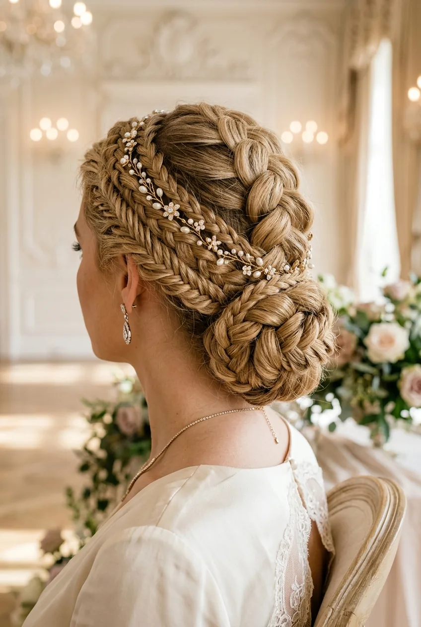 Intricate braided updo combining multiple braid types in complex pattern