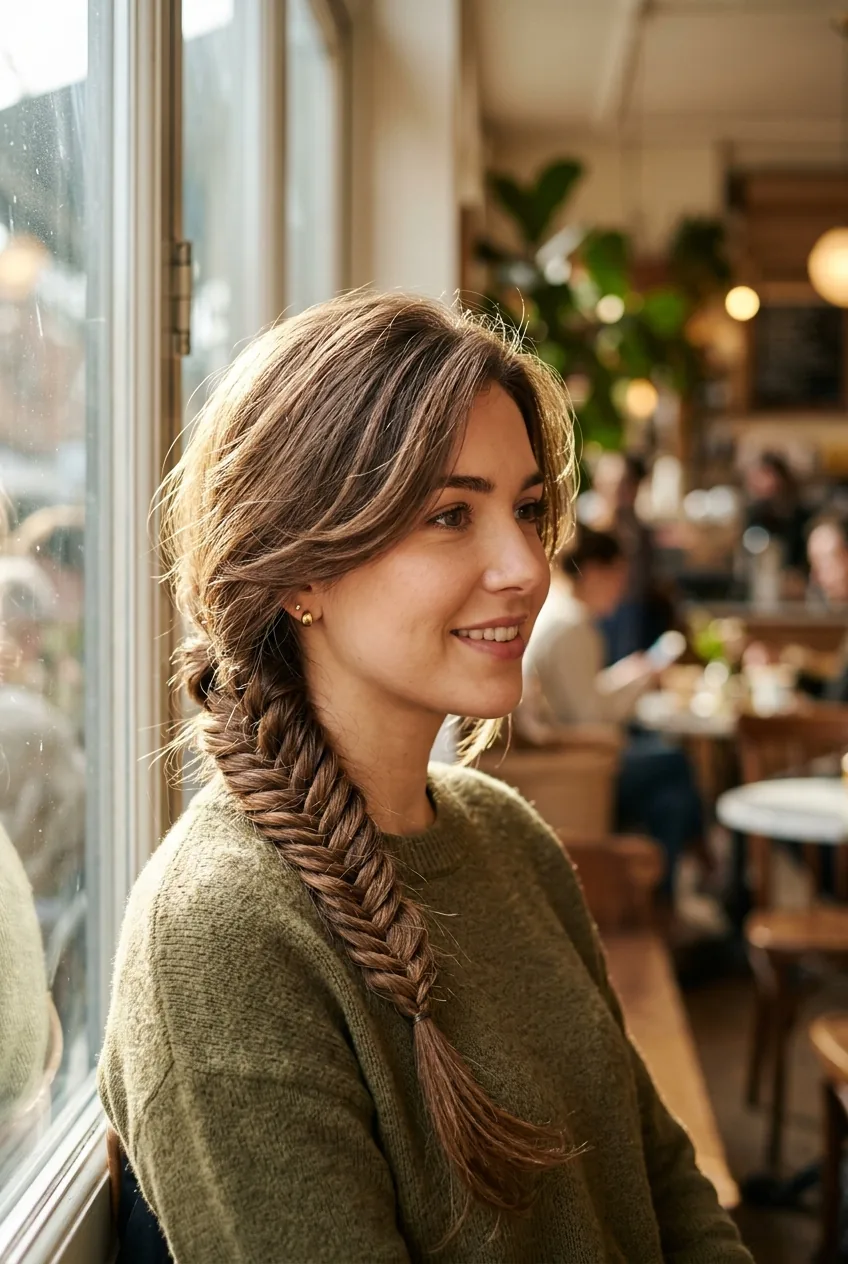 Woman displaying intricate fishtail braid showing detailed weave pattern and texture