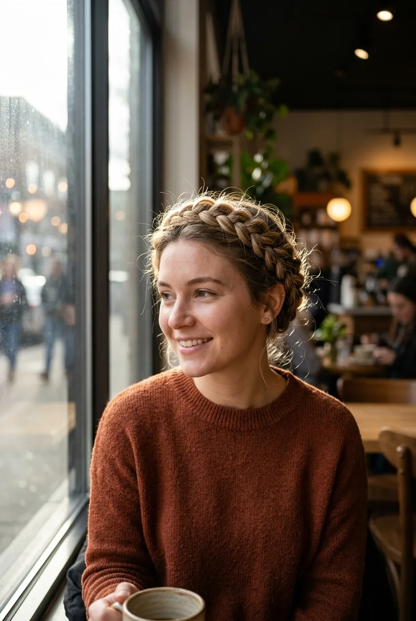Woman with intricate rope braid crown framing her face like a natural halo