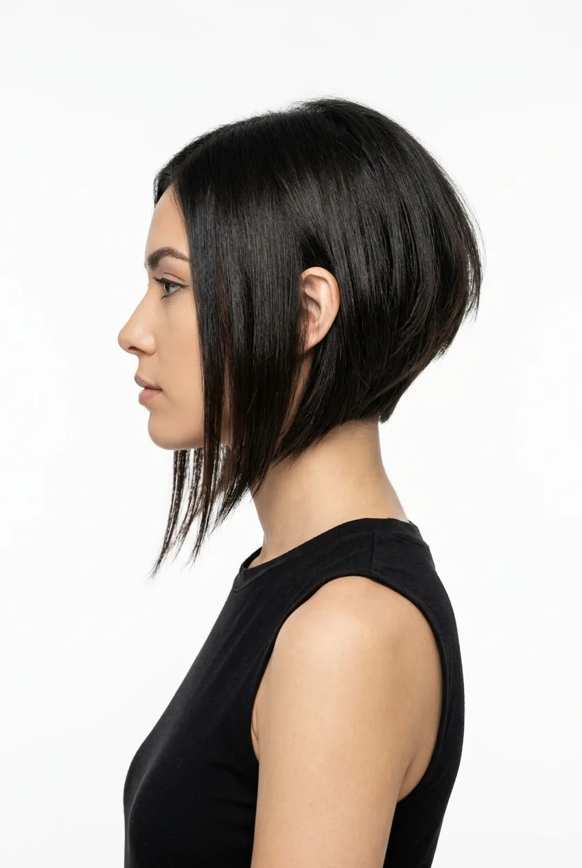 Woman with inverted bob showing dramatic shorter back and longer front angle