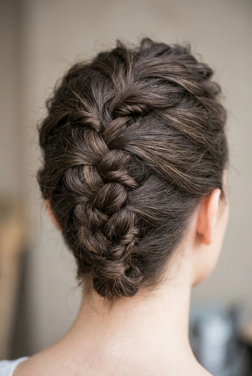 Inverted Dutch braid with twists starting from nape styling hair upward in complex pattern