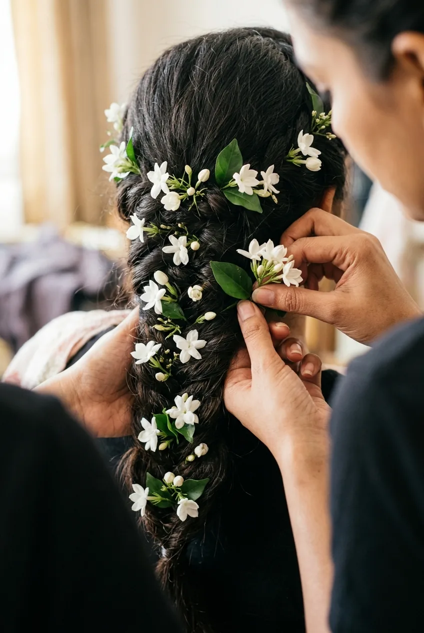 Hair stylist's hands weaving jasmine flowers through completed braid using traditional technique