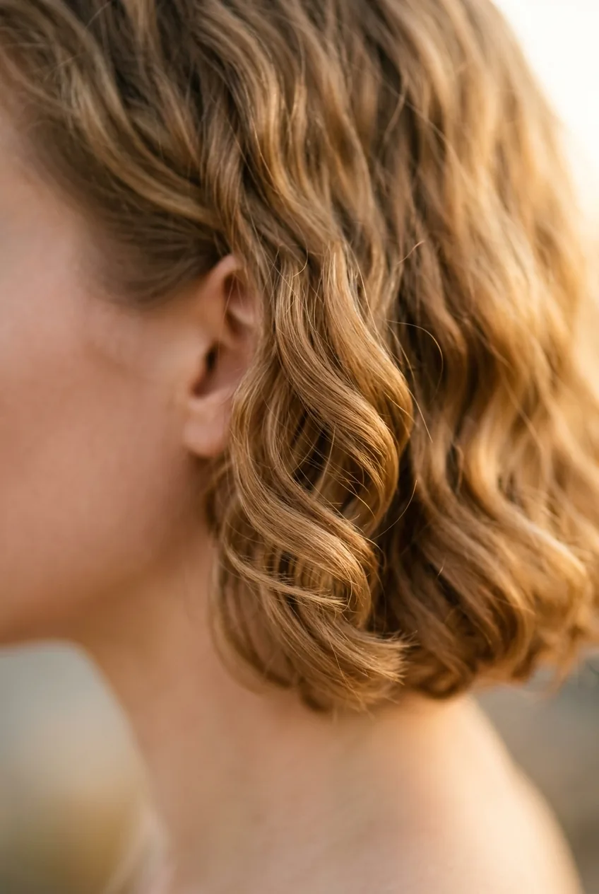 Jaw-length wavy hair texture showing natural movement and individual wave patterns in golden light