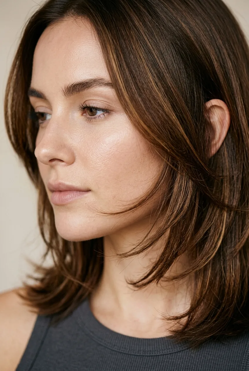 Brunette woman showing strategic layer placement at jawline with natural hair movement
