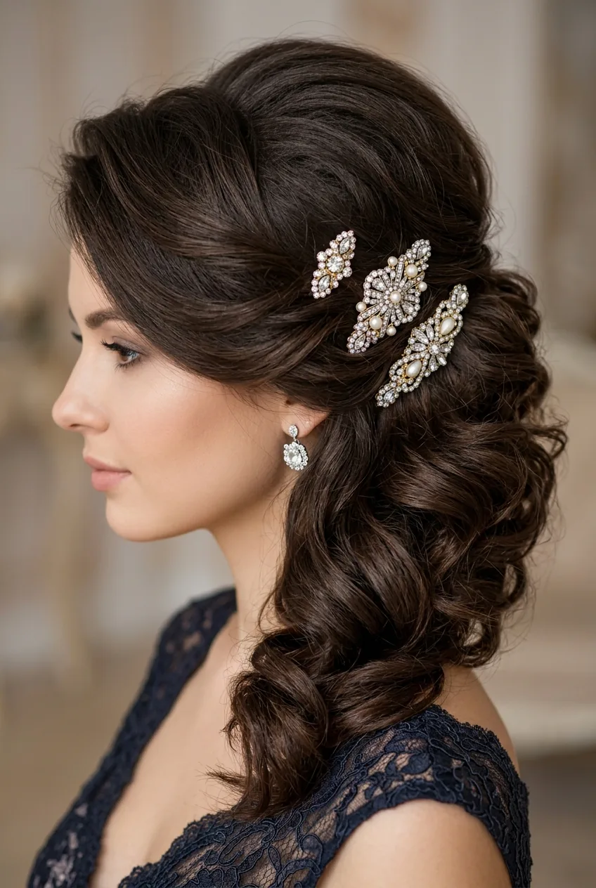 Jeweled bobby pins arranged in voluminous side-swept updo showing strategic height at crown