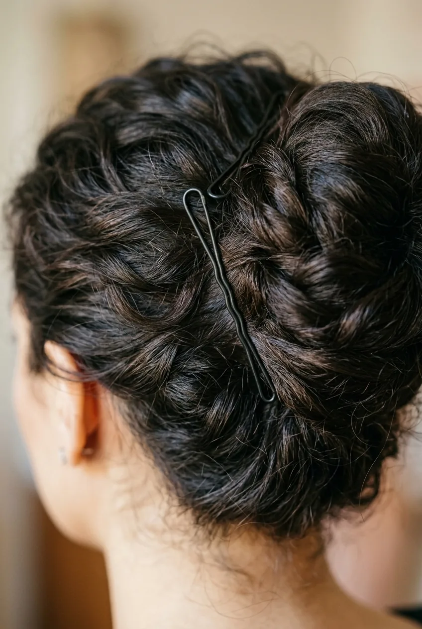 Jumbo bobby pins securing thick hair in updo showing substantial pins needed for heavy hair texture