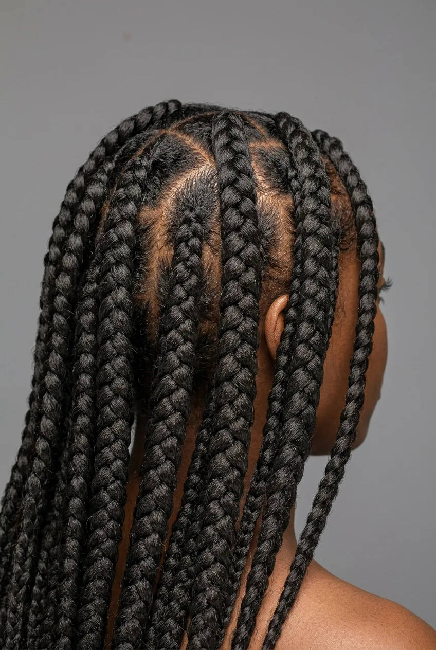 Chunky jumbo box braids with synthetic extensions in varying sizes