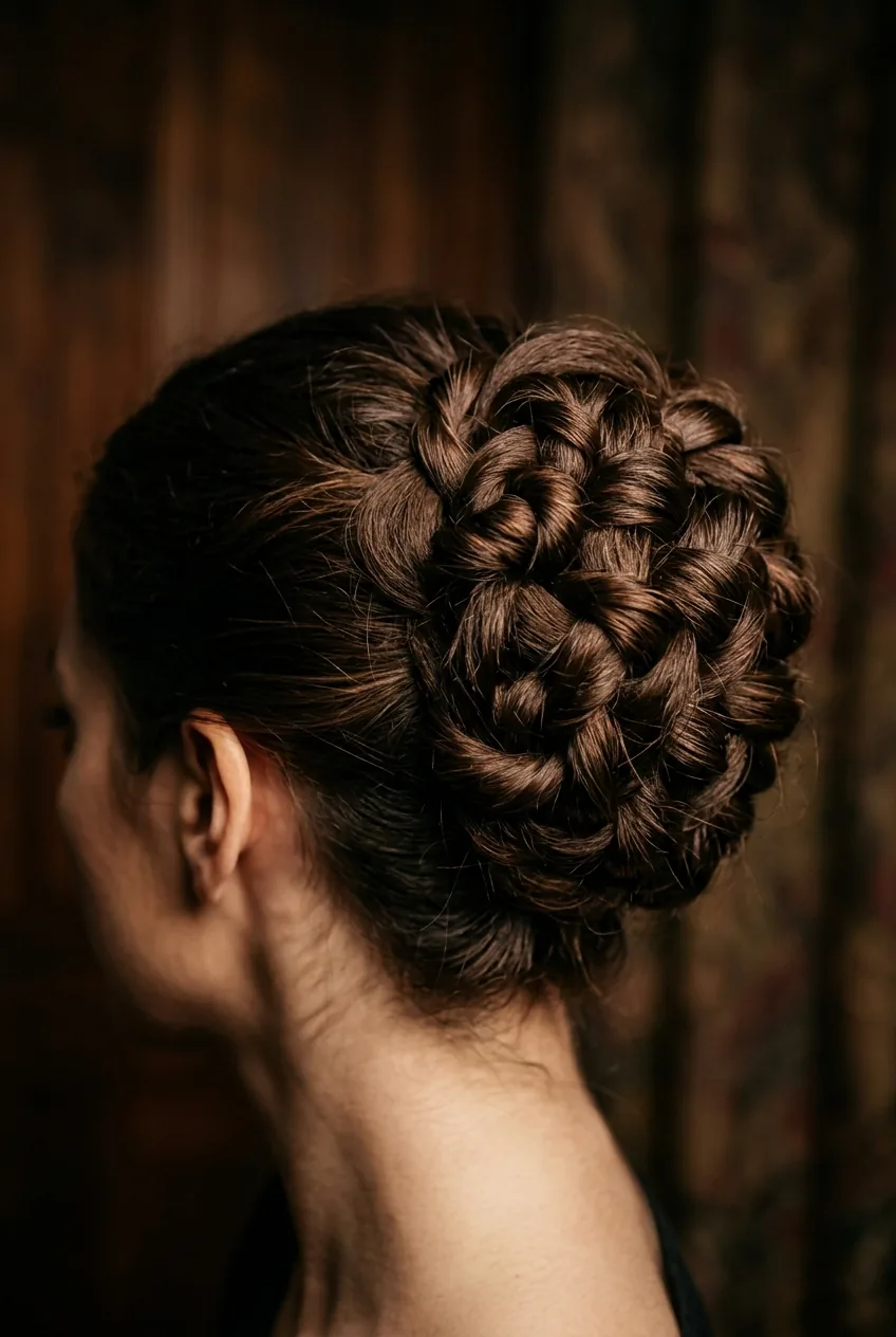Knotted chignon close-up showing actual hair knots creating organic sculptural texture design