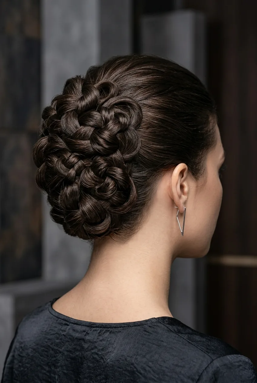 Artistic angle of complex knotted chignon with sculptural layered dimensions