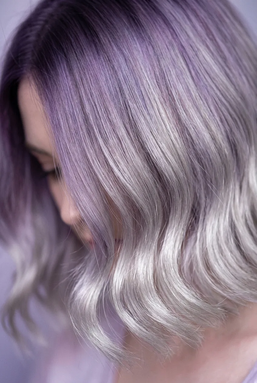 Lavender roots melting to silver ends on bob showing dreamy ethereal gradient