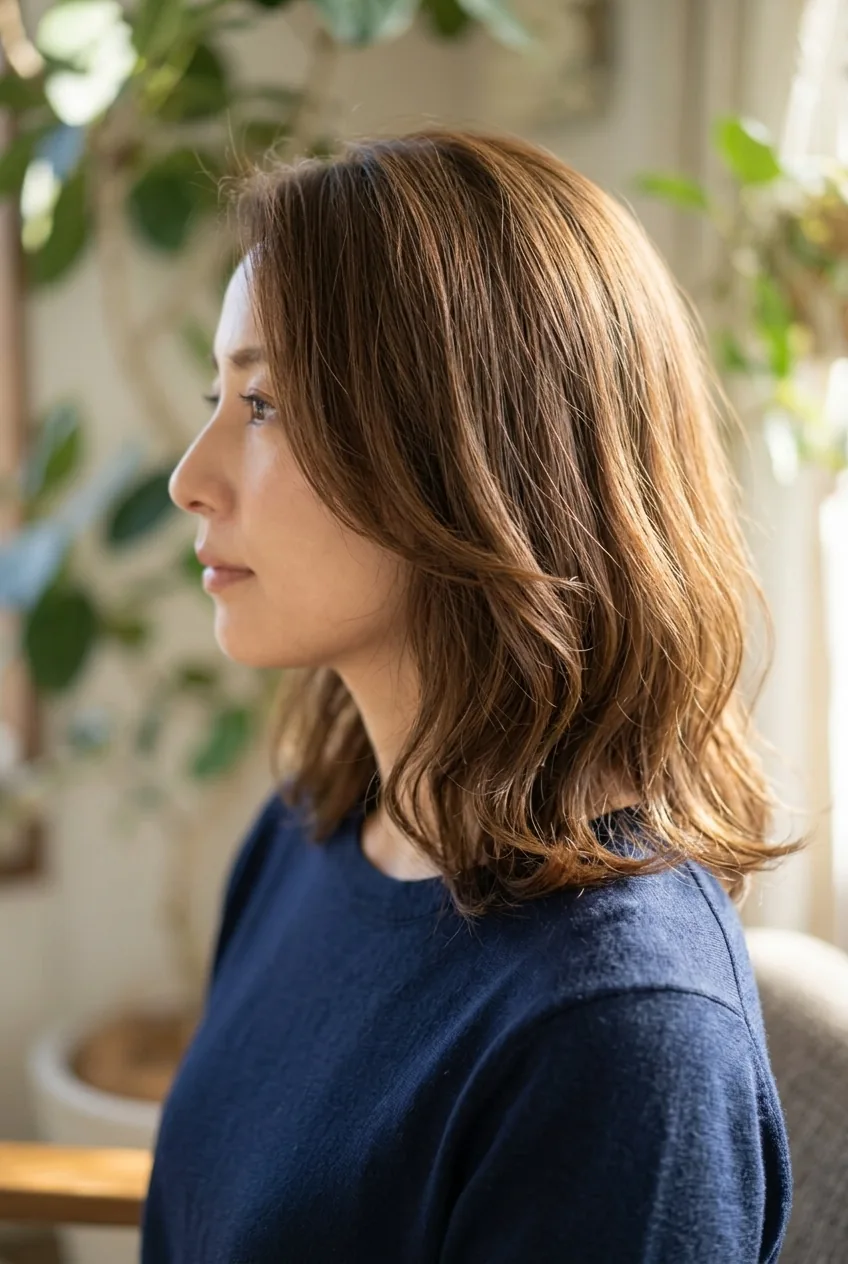 Side profile of woman with layered collarbone length hair showing subtle graduated layers and natural fall