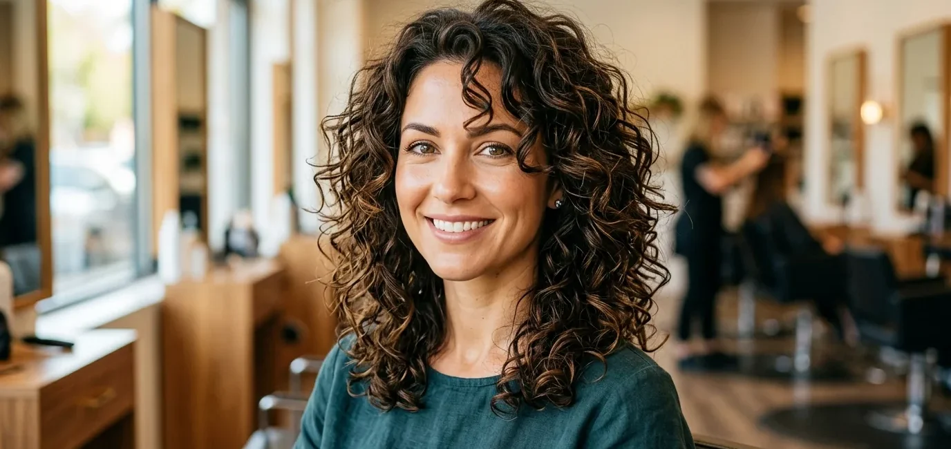 Woman with layered curly lob showing bouncy mid-length curls and face-framing layers