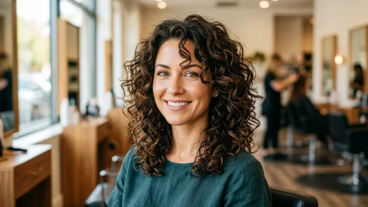Woman with layered curly lob showing bouncy mid-length curls and face-framing layers