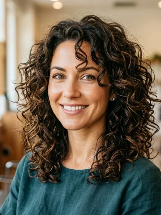 Woman with layered curly lob showing bouncy mid-length curls and face-framing layers