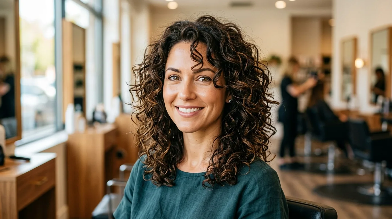 Woman with layered curly lob showing bouncy mid-length curls and face-framing layers