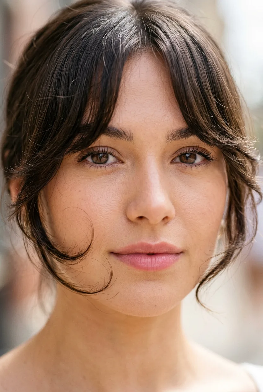 Close-up portrait of woman with layered butterfly bangs framing face in beauty lighting