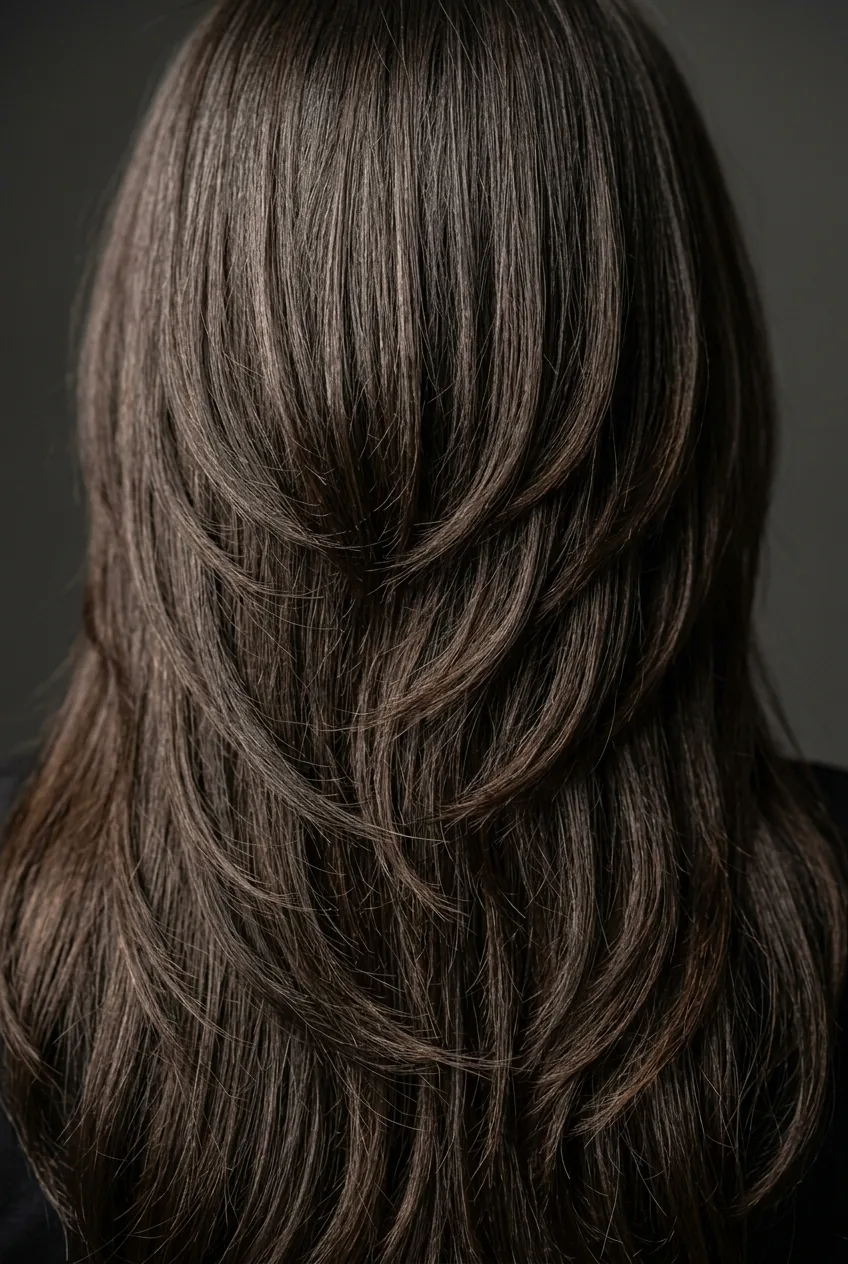 Close-up detail of long layered hair showing graduation technique and layer separation