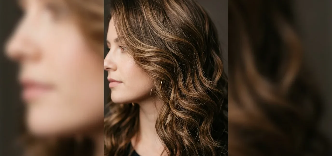 Woman with dimensional brown highlights in bouncy mid-length layered hair showing depth and movement