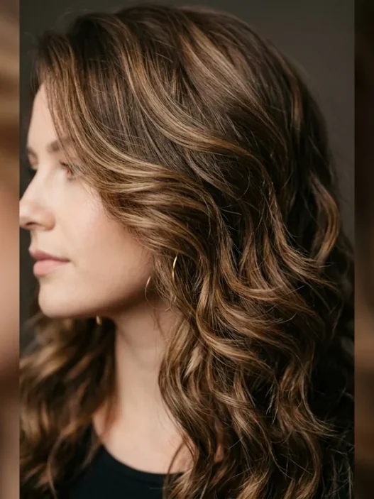 Woman with dimensional brown highlights in bouncy mid-length layered hair showing depth and movement