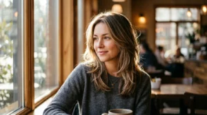 Woman with medium-length layered hair showing natural texture in soft cafe window lighting