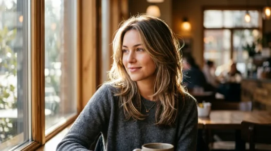 Woman with medium-length layered hair showing natural texture in soft cafe window lighting