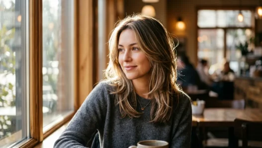 Woman with medium-length layered hair showing natural texture in soft cafe window lighting