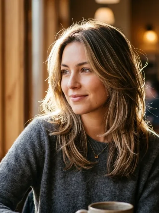 Woman with medium-length layered hair showing natural texture in soft cafe window lighting