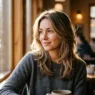 Woman with medium-length layered hair showing natural texture in soft cafe window lighting