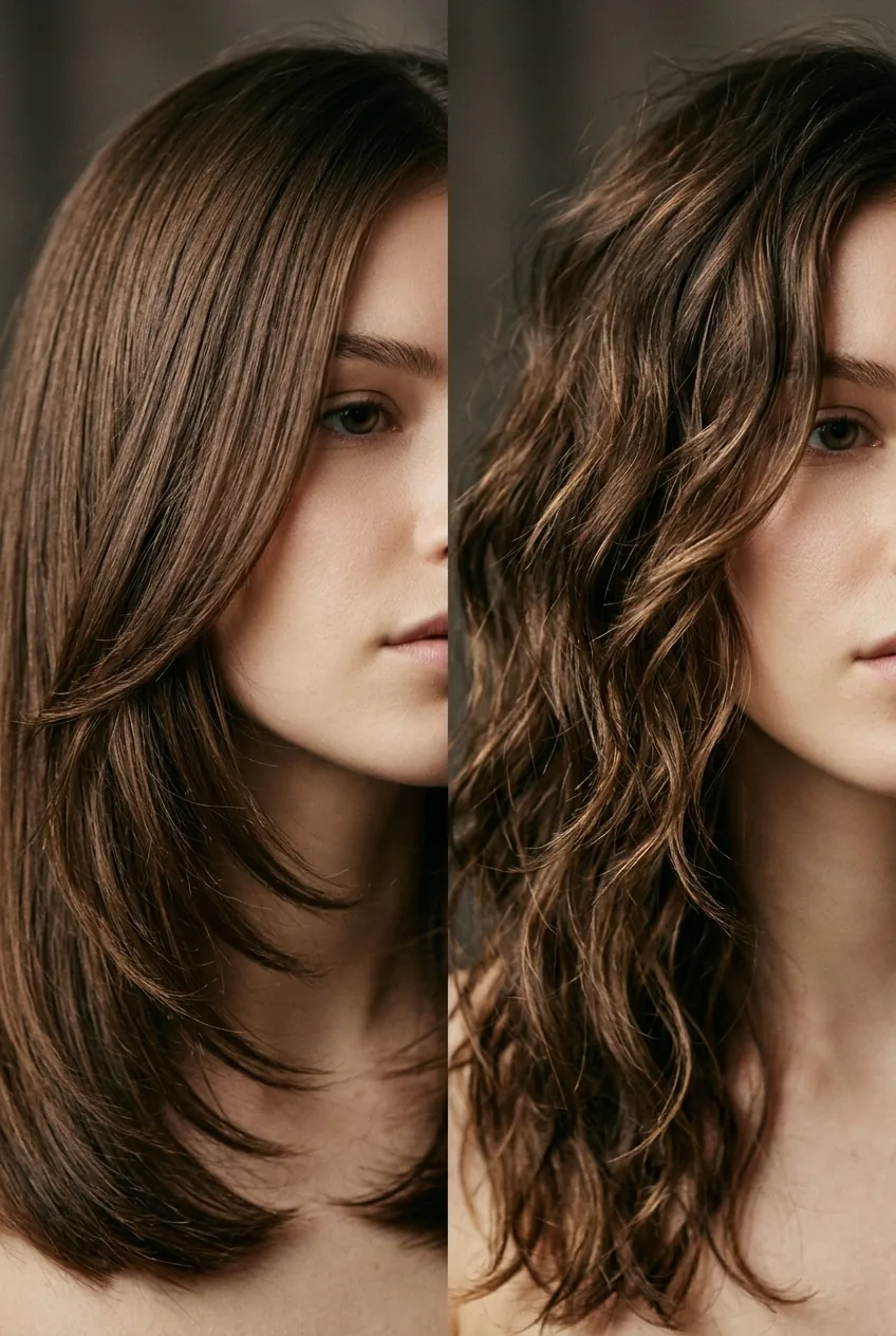 Woman's layered hair styled two different ways showing how styling method affects layer appearance