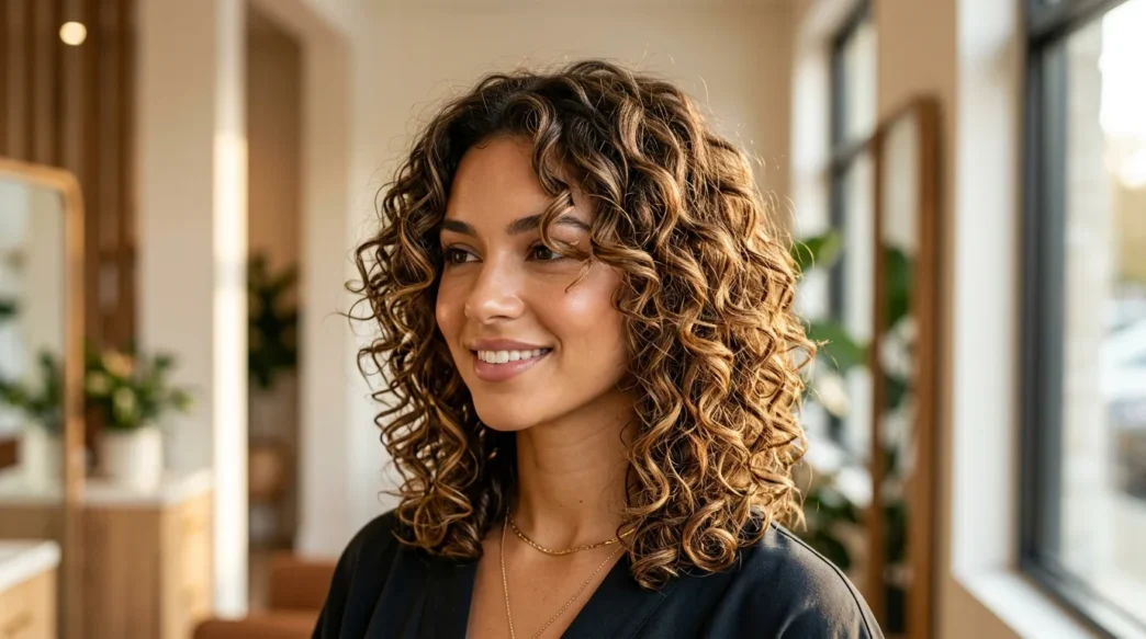 Professional layered lob haircut on curly hair showing bouncy defined curls and face-framing layers