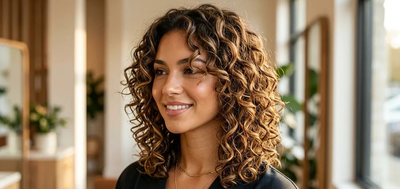 Professional layered lob haircut on curly hair showing bouncy defined curls and face-framing layers