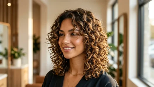 Professional layered lob haircut on curly hair showing bouncy defined curls and face-framing layers