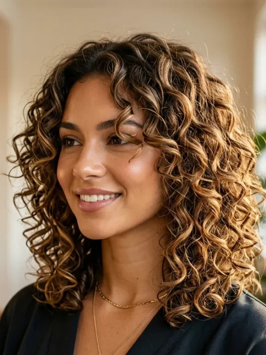 Professional layered lob haircut on curly hair showing bouncy defined curls and face-framing layers