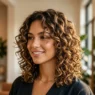 Professional layered lob haircut on curly hair showing bouncy defined curls and face-framing layers