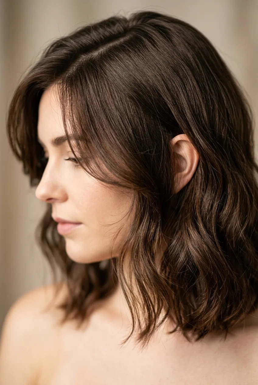 Lob haircut featuring subtle layers and face-framing pieces with side part