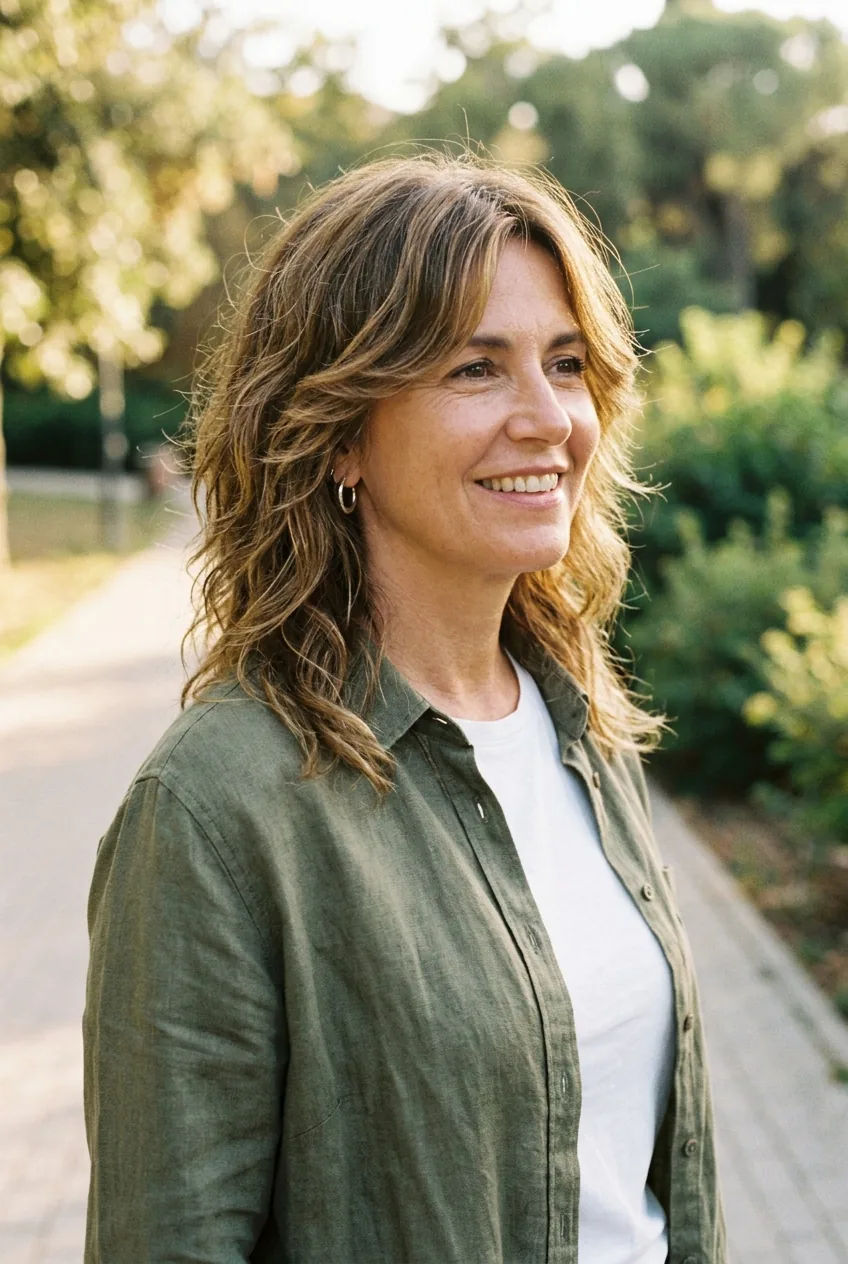 Shoulder-length layered shag with natural waves framing mature woman's face beautifully