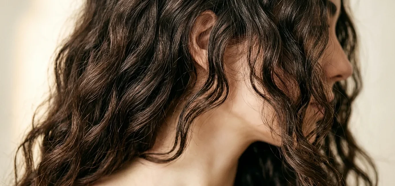 Close-up portrait of woman with expertly layered short hair showing natural texture and movement in soft studio lighting
