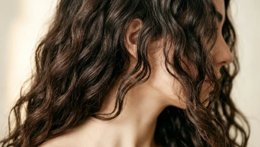Close-up portrait of woman with expertly layered short hair showing natural texture and movement in soft studio lighting