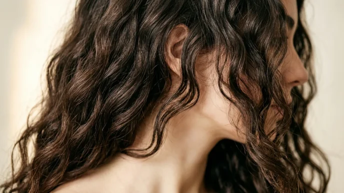 Close-up portrait of woman with expertly layered short hair showing natural texture and movement in soft studio lighting