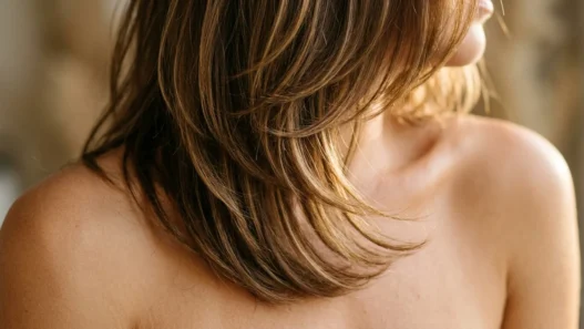 Woman with shoulder-length layered hair showing subtle graduation and movement with golden side lighting