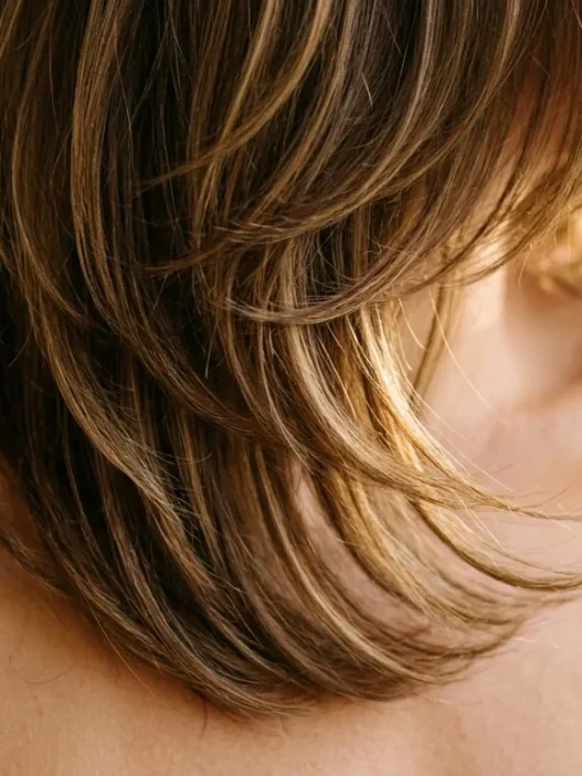 Woman with shoulder-length layered hair showing subtle graduation and movement with golden side lighting