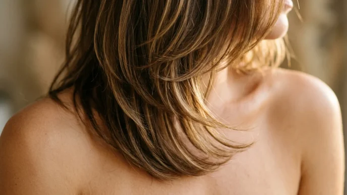 Woman with shoulder-length layered hair showing subtle graduation and movement with golden side lighting