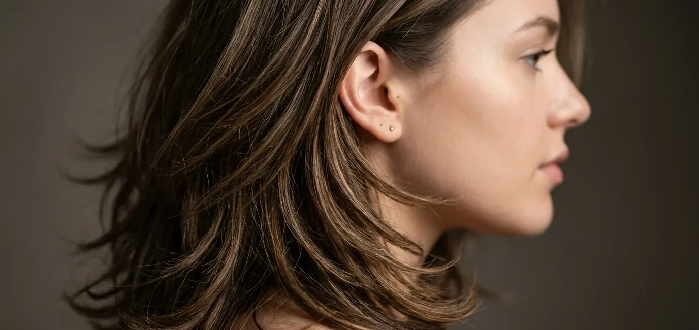 Woman with layered shoulder-length hair showing dimensional movement and strand separation in studio lighting
