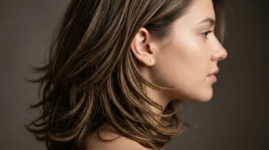Woman with layered shoulder-length hair showing dimensional movement and strand separation in studio lighting