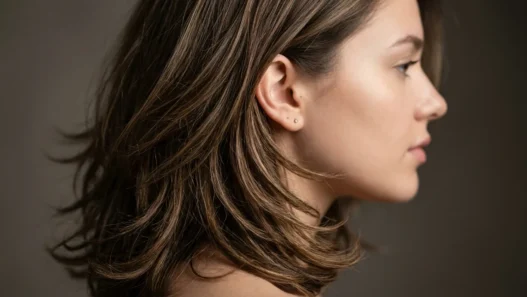 Woman with layered shoulder-length hair showing dimensional movement and strand separation in studio lighting