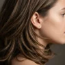 Woman with layered shoulder-length hair showing dimensional movement and strand separation in studio lighting