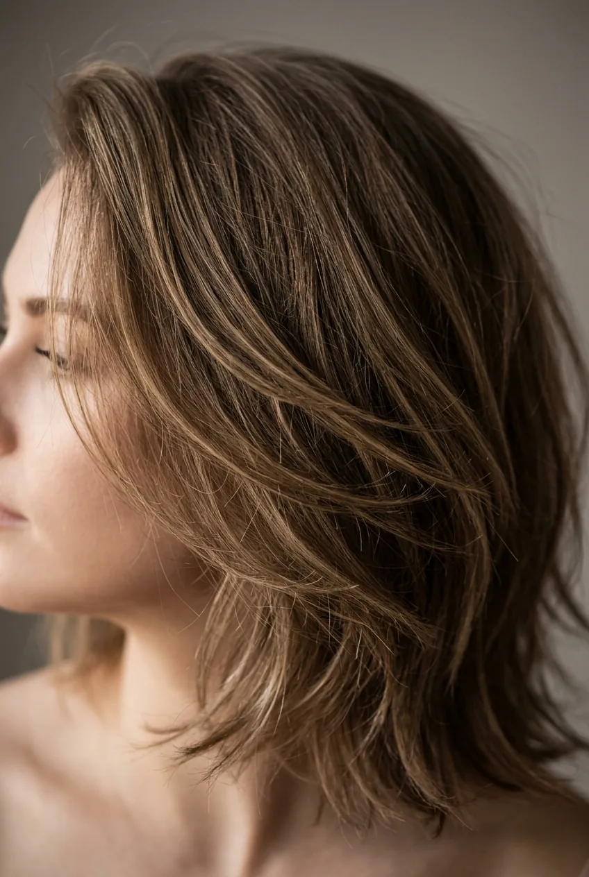 Layered medium length hair with texturizing spray creating natural lived-in movement