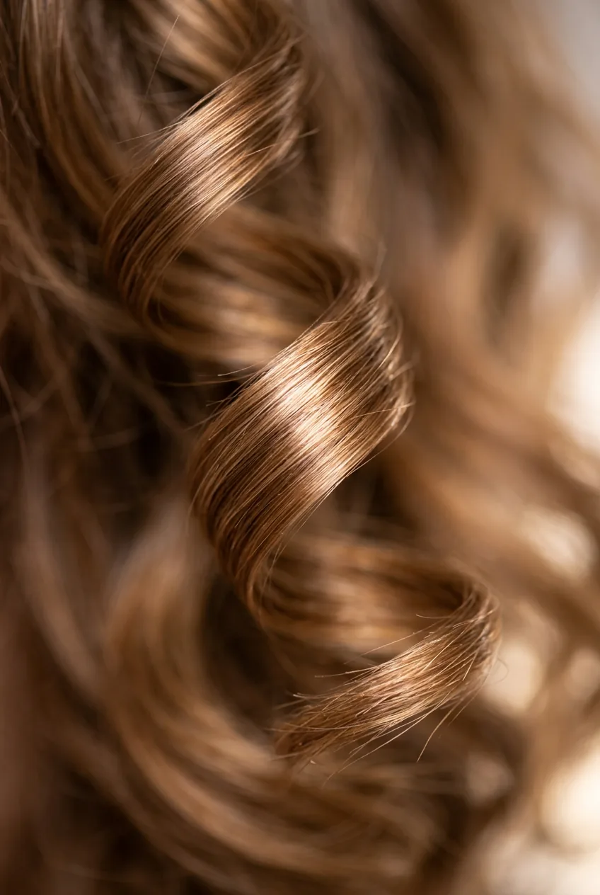 Soft layered wavy bob with romantic curtain bangs perfectly framing the face