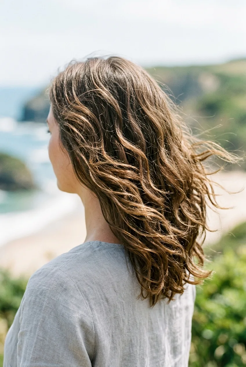 Back view of mid-length wavy haircut showing layered ends and natural wave pattern